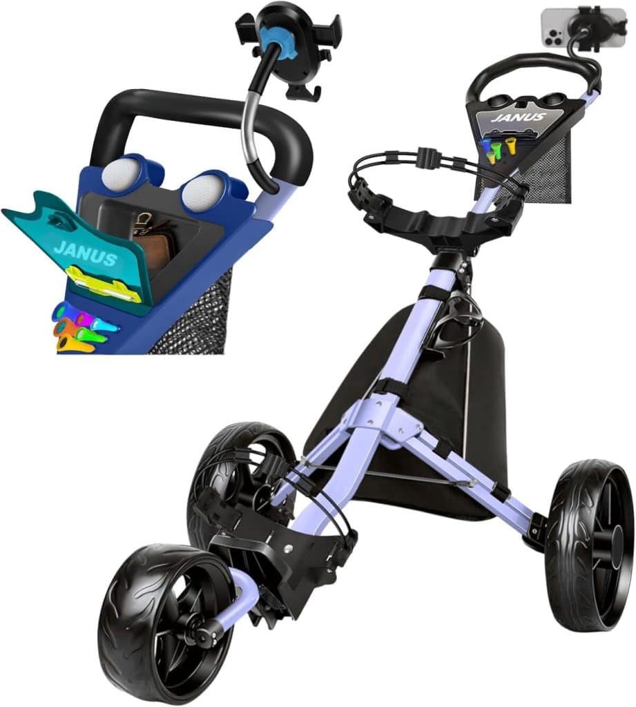 Test : chariot de golf pliable Janus à 3 roues avec support téléphone