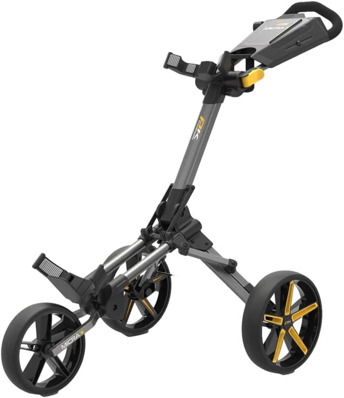 Test du chariot de golf PowaKaddy Micra : puissance en gris métallisé et jaune
