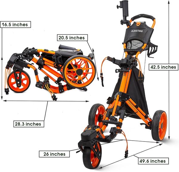 Chariot de golf à 3 roues avec roue avant pivotante à 360°, chariot de golf léger et pliable, pliable en un clic, avec frein à pied