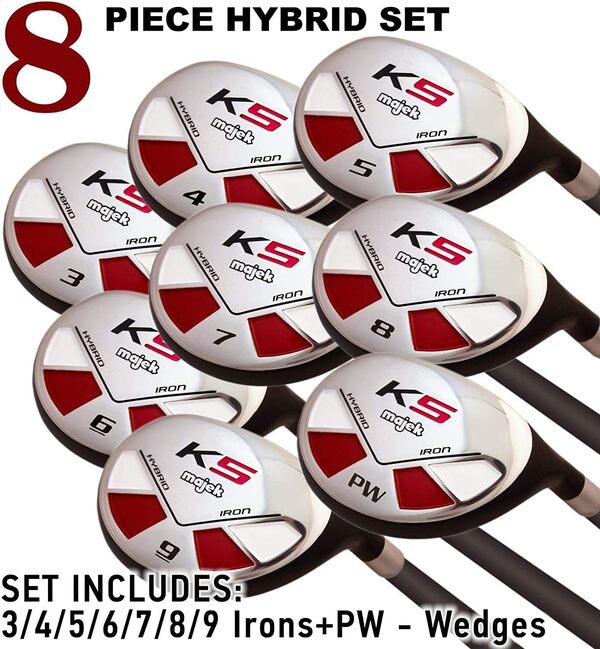 Senior One Length Men’s Majek Golf All Hybrid Complete Full Set, Which Includes: #3, 4, 5, 6, 7, 8, 9, PW Senior Flex Total of 8 Right Handed New Utility “A” Flex Clubs