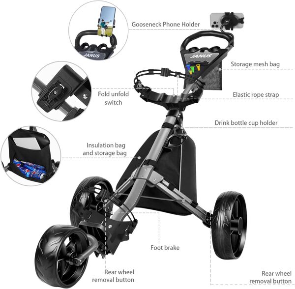 JANUS Chariot de golf, chariot de golf pliable, chariot de golf à 3 roues, avec support de téléphone en col de cygne
