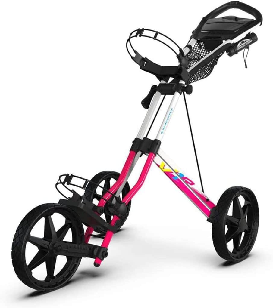 Test du chariot de golf Sun Mountain Golf Speed Cart V1R : la version 3 roues en rose, blanc et bleu