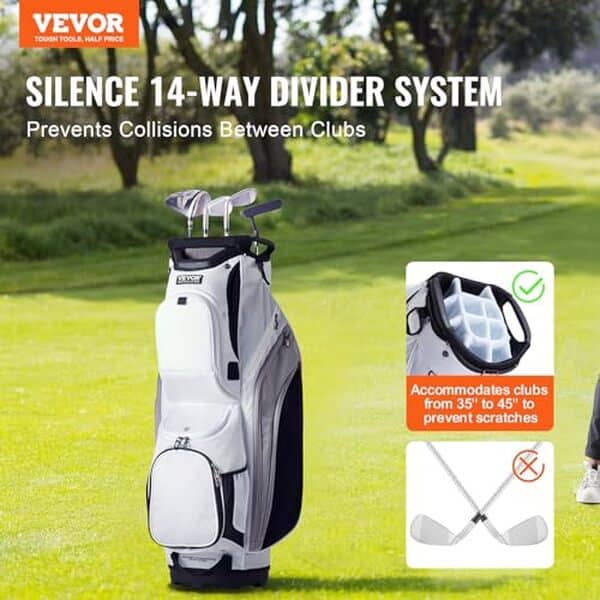 Découvrez le sac de golf VEVOR 91, 5 cm : un design ingénieux avec 14 compartiments et roulettes facilitant vos déplacements sur le green.